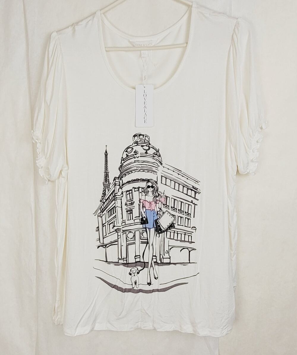 New Love & Lace Paris fashion embellished ruffle sleeve tshirt size XL Artsy